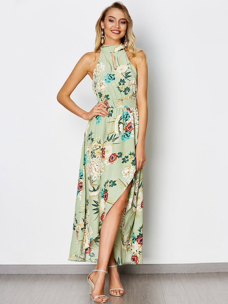 Green Sleeveless Floral Print Backless Lace-Up Cut Out Irregular Hem Dresses