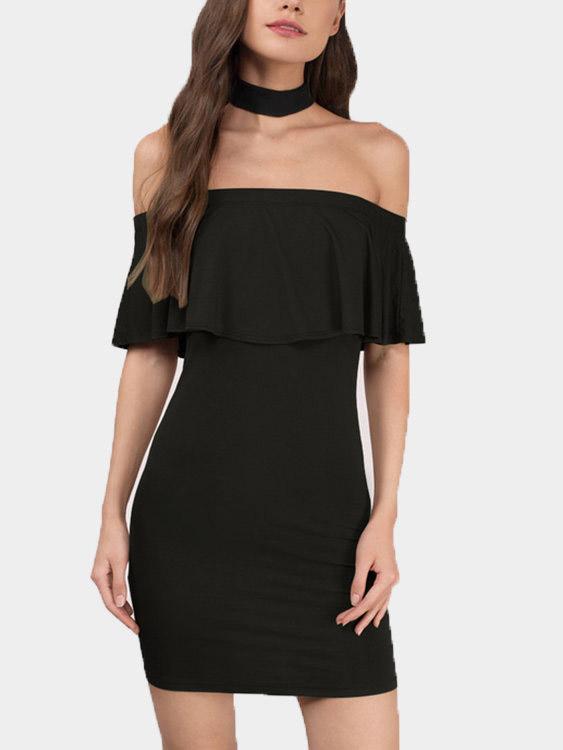 Black Off The Shoulder Short Sleeve Backless Mini Dress