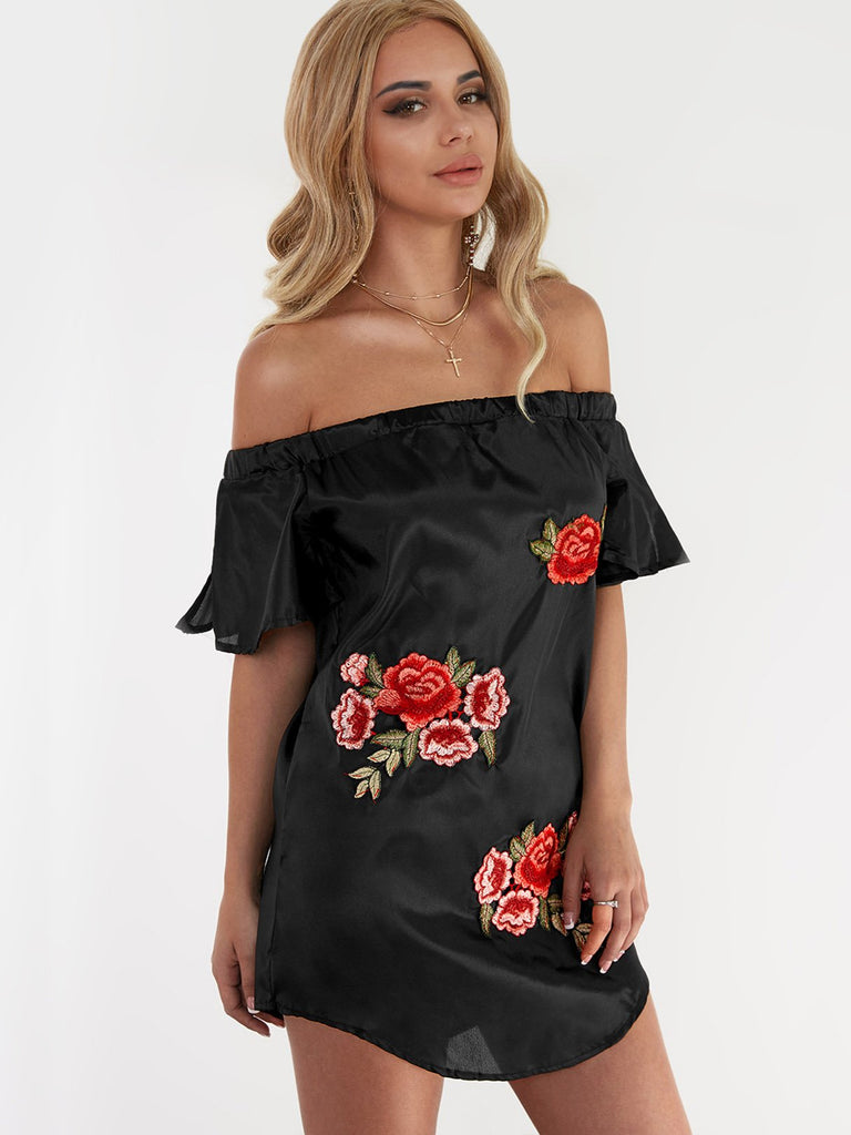 Off The Shoulder Short Sleeve Embroidered Curved Hem Mini Dress