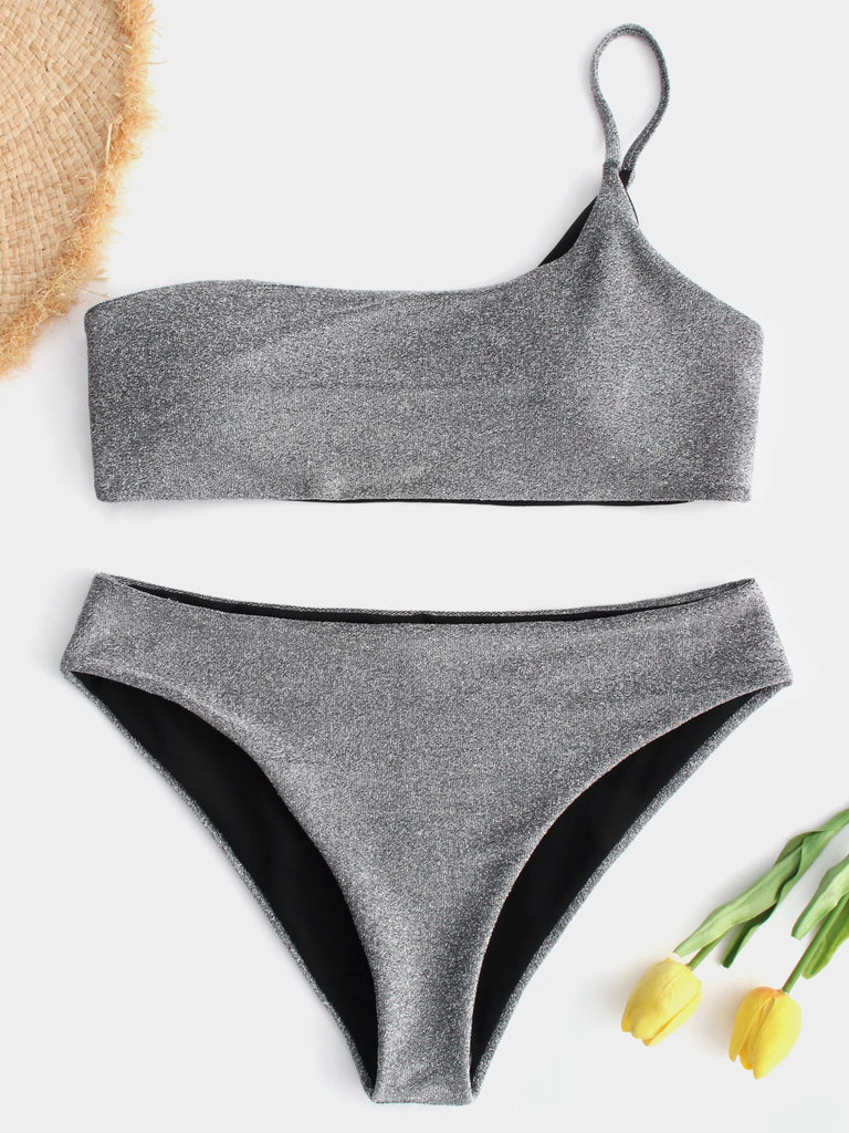 Silver Asymmetrical One Shoulder Bikini Swimsuit