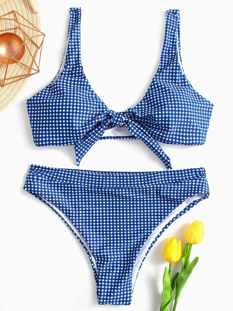 Blue V-Neck Tie-Up High-Waisted Two Piece Bikinis