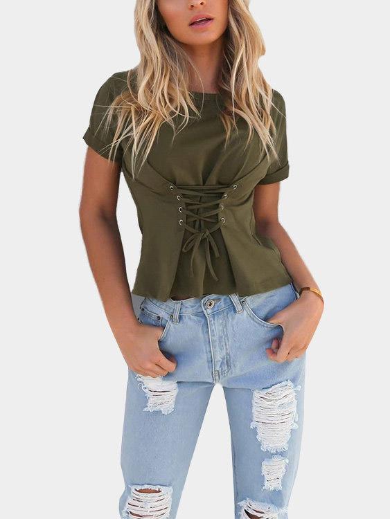 Round Neck Lace-Up Short Sleeve Army Green T-Shirts
