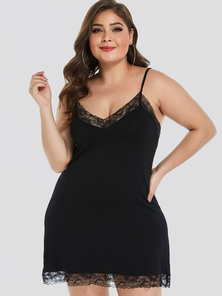 V-Neck Lace Sleeveless Black Plus Size Intimates