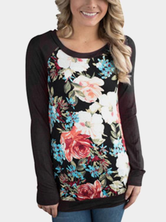 Floral Print Long Sleeve Black T-Shirts