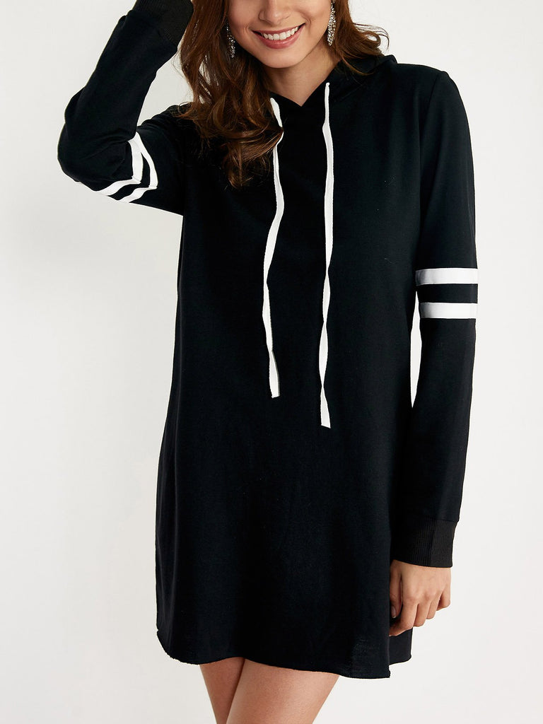 Black Long Sleeve Stripe Hooded Lace-Up Shirt Dresses