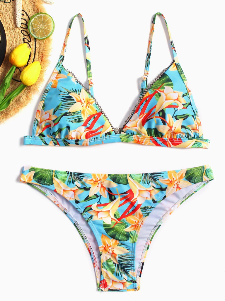 V-Neck Floral Print Sleeveless Bikini Set