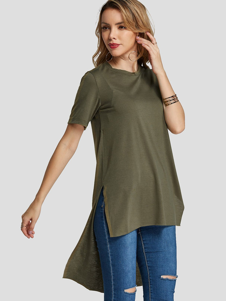Round Neck Plain Slit Short Sleeve High-Low Hem Army Green T-Shirts