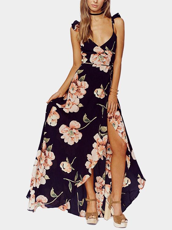 V-Neck Sleeveless Floral Print Maxi Dresses