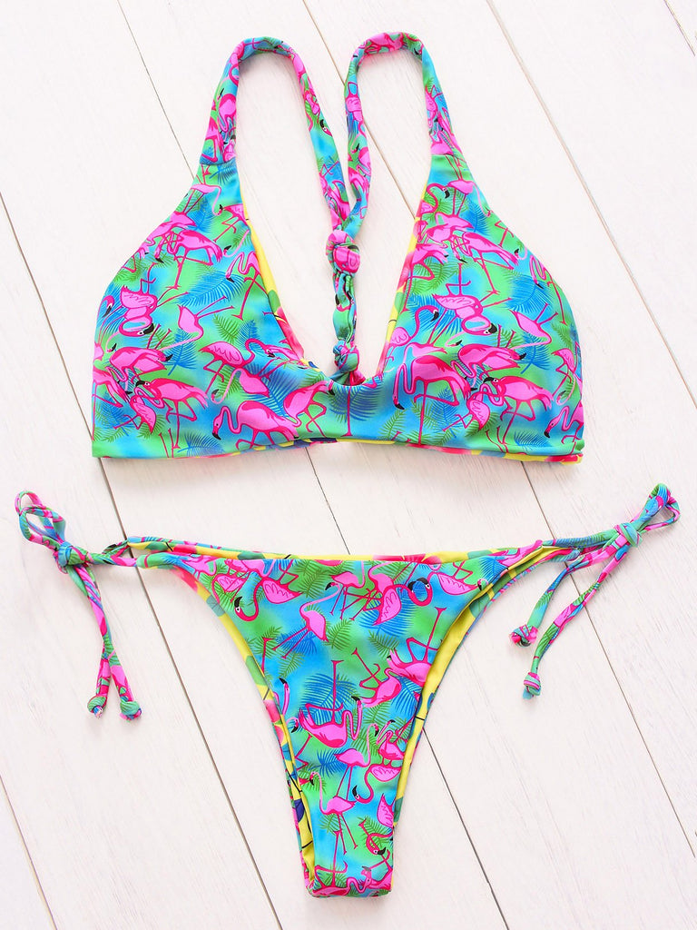 V-Neck Sleeveless Floral Print High Waist 2 Piece Bikinis