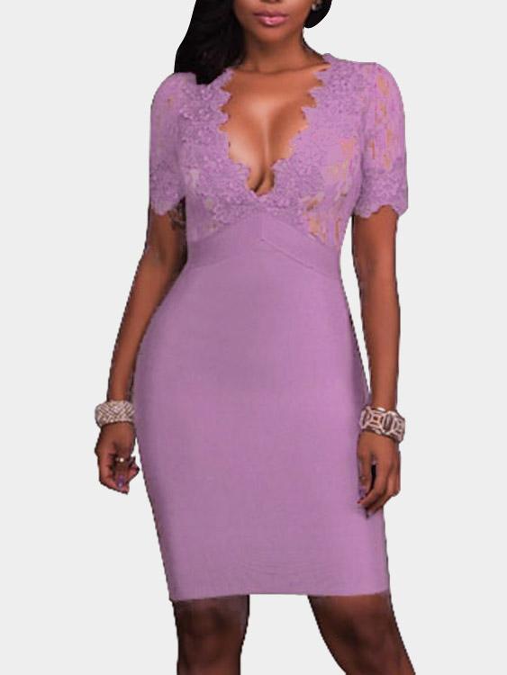 Purple Deep V Neck Short Sleeve Plain Crochet Lace Embellished High Waist Sexy Dress