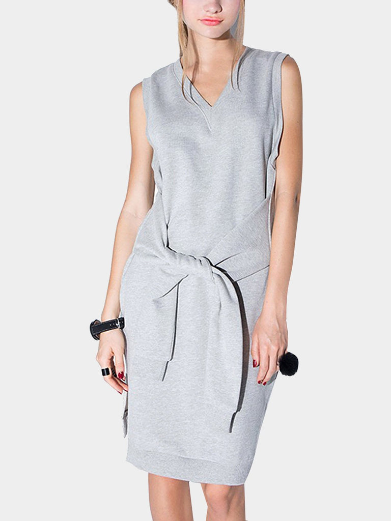 Grey V-Neck Sleeveless Plain Shirt Dress