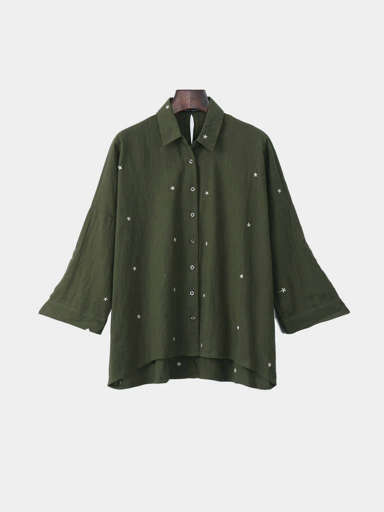 Star Long Sleeve Army Green Blouses