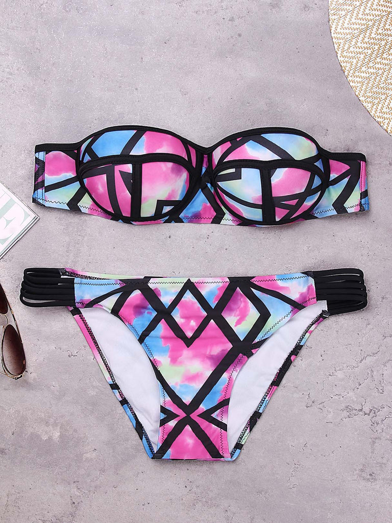 Strapless Geometrical Sleeveless Bikini Set