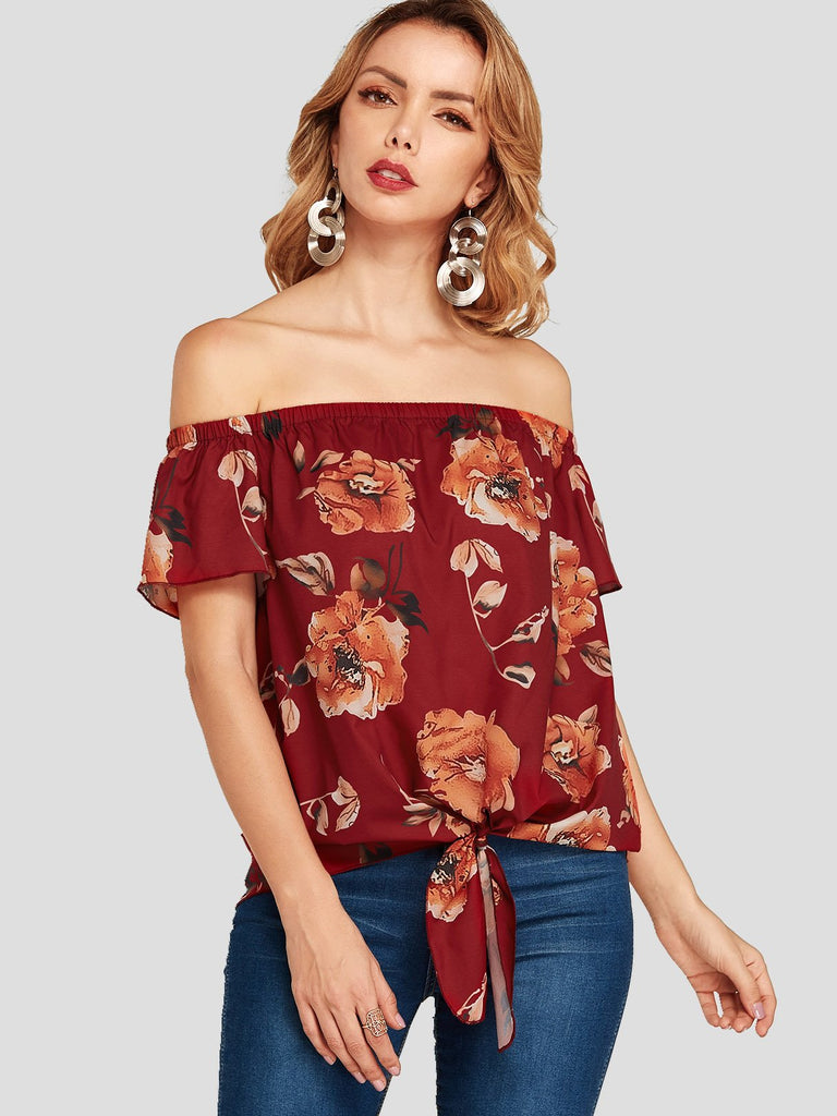 Off The Shoulder Floral Print Short Sleeve Red Blouses