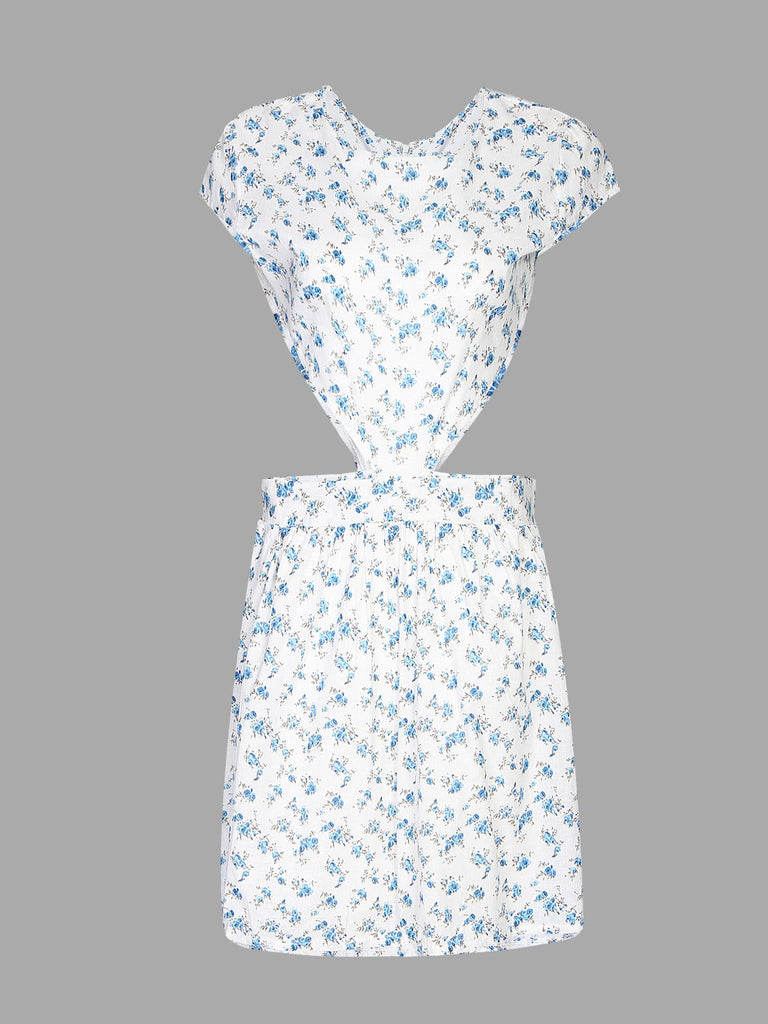 White Round Neck Floral Print Cut Out High Waist Mini Dress