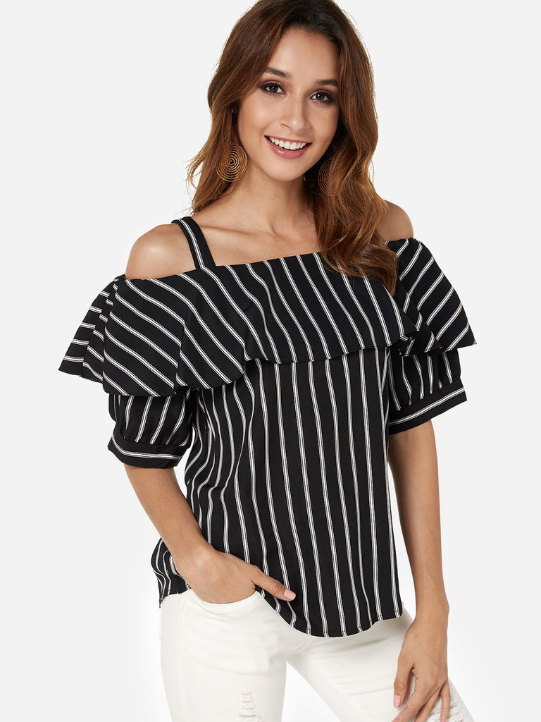 Cold Shoulder Stripe Half Sleeve Black Blouses