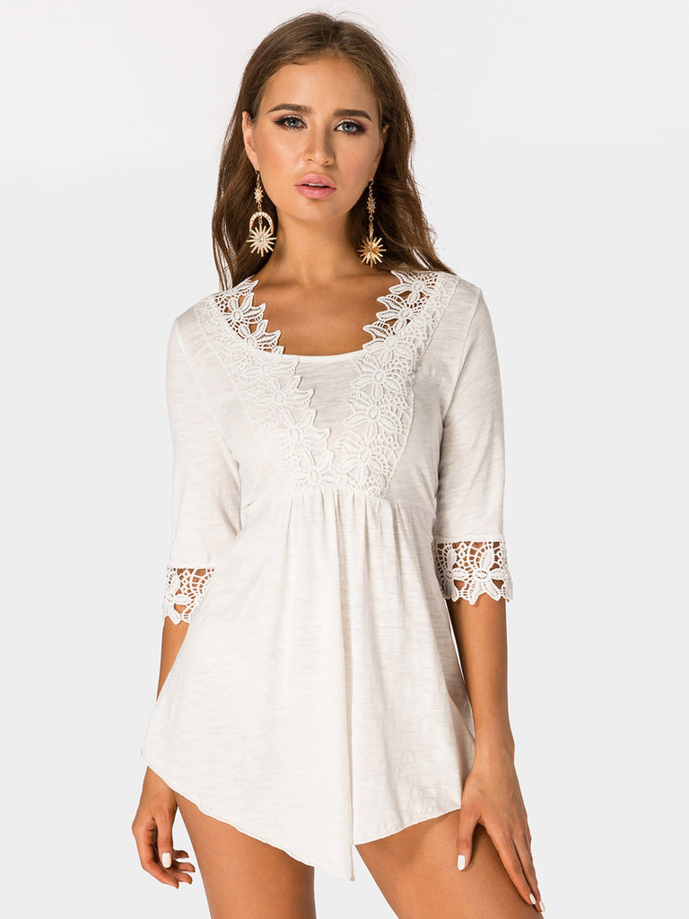 V-Neck Lace Lace-Up Half Sleeve High-Waisted White T-Shirts