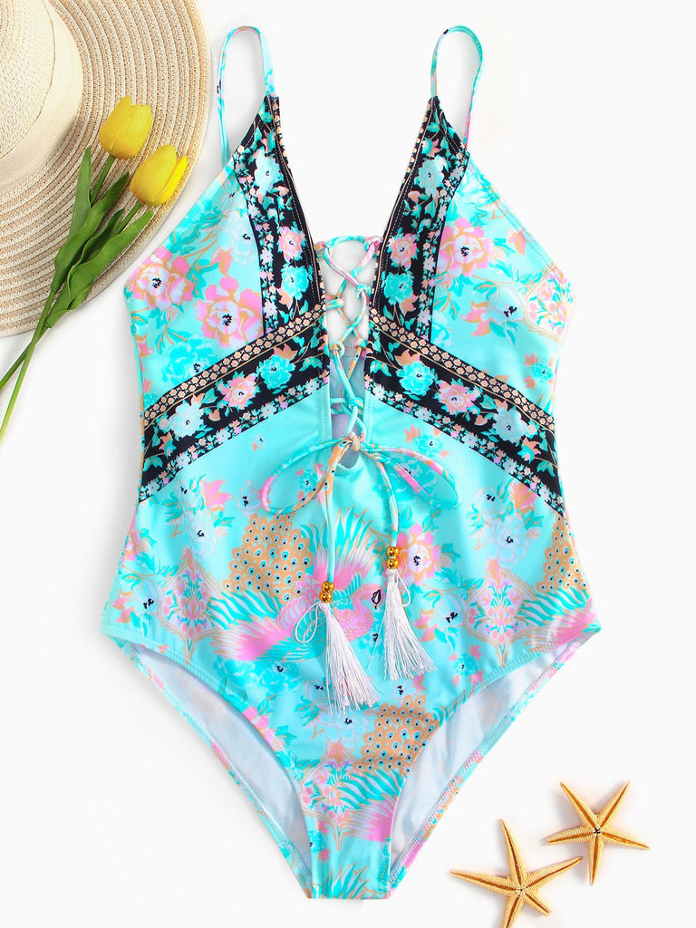 V-Neck Sleeveless Floral Print Lace-Up One-Pieces Swimwears