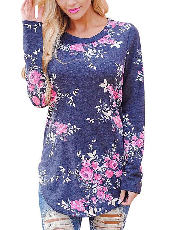 Round Neck Floral Print Long Sleeve Curved Hem T-Shirt