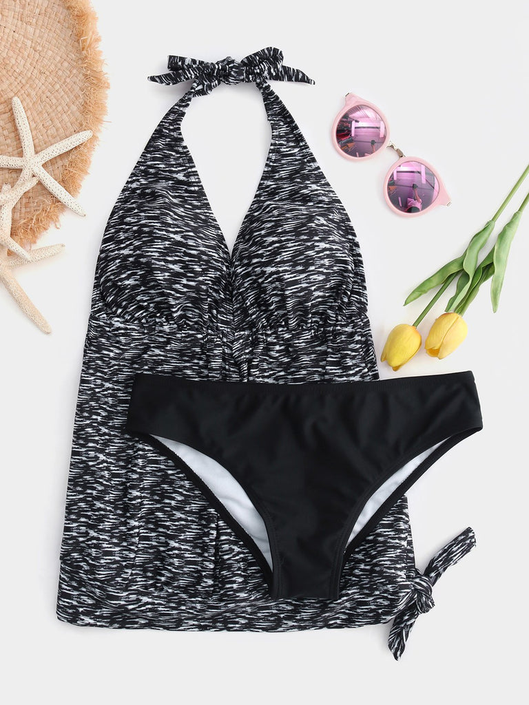 Grey Halter V-Neck Sleeveless Backless Tie-Up Tankinis