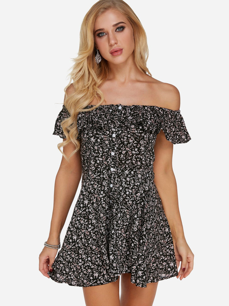 Black Off The Shoulder Floral Print Mini Dress