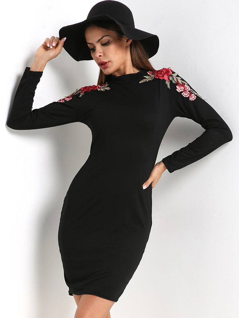 Black Round Neck Long Sleeve Embroidered Bodycon Casual Dress