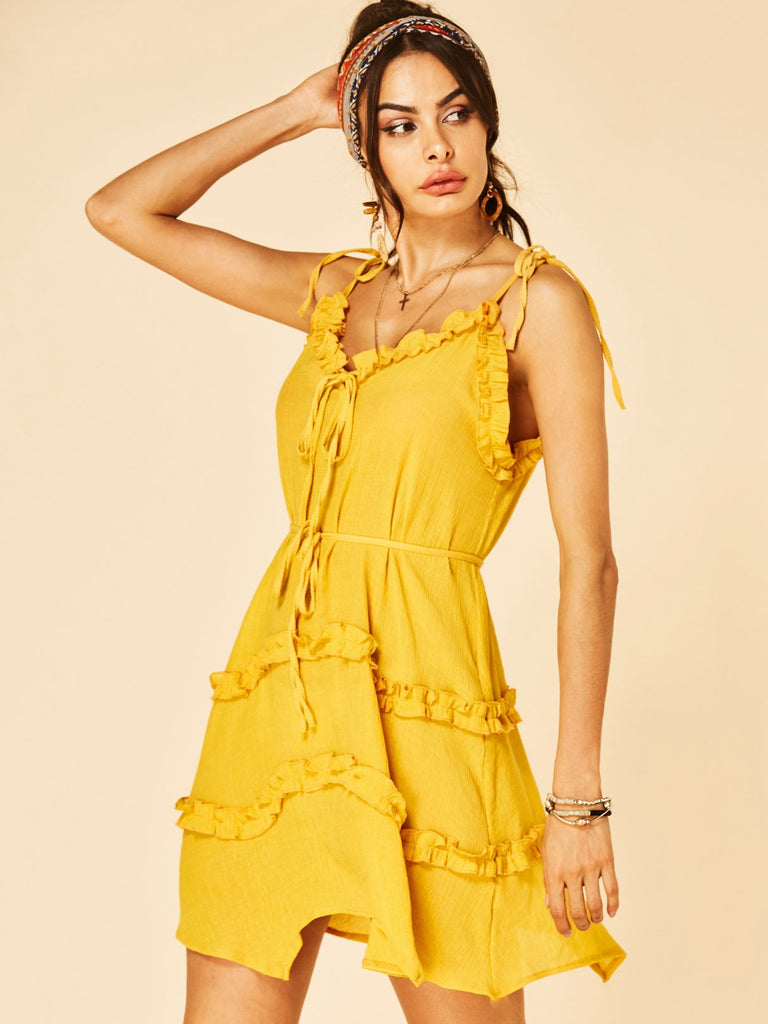 Ladies Yellow V-Neck Dresses