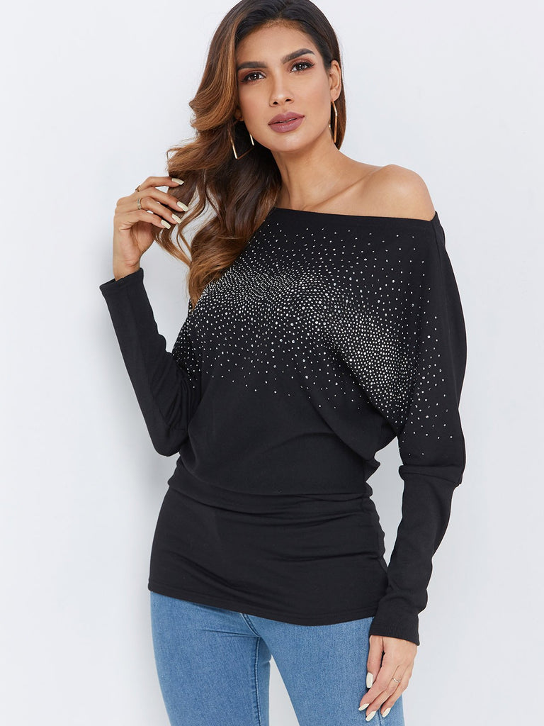 One Shoulder Polka Dot Long Sleeve Black T-Shirts