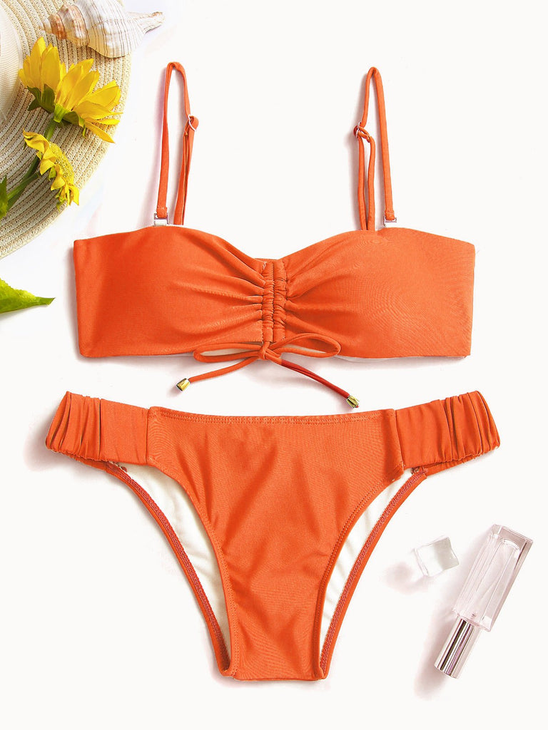 Orange Off The Shoulder Sleeveless Plain Irregular Hem Two Piece Bikinis