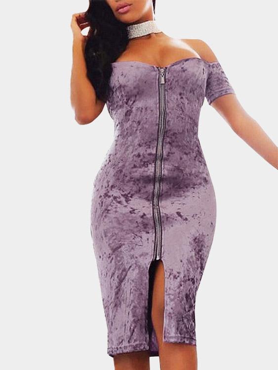 Purple Off The Shoulder Short Sleeve Slit Hem Dresses