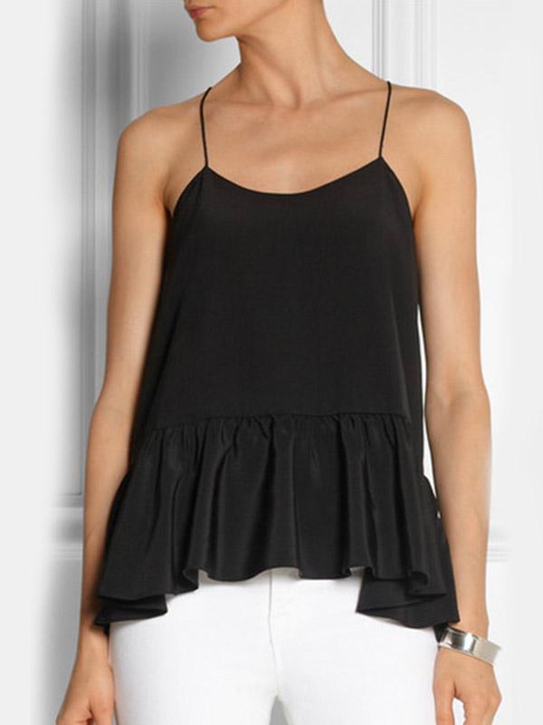 Pleated Sleeveless Ruffle Hem Black Camis