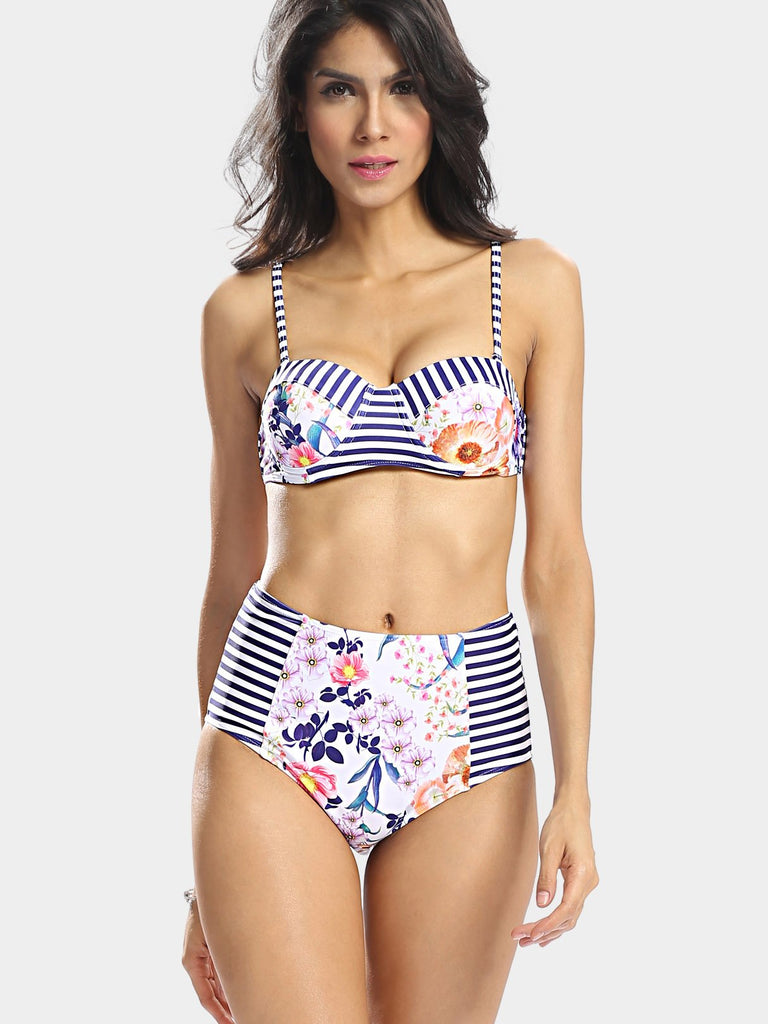 Sleeveless Stripe Floral Print Bikini Swimsuit