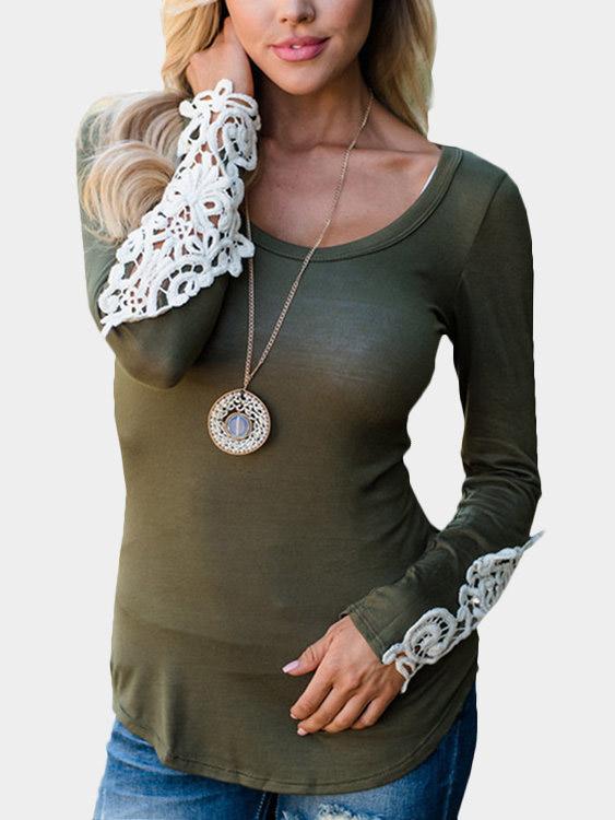 Scoop Neck Lace Long Sleeve Green T-Shirts