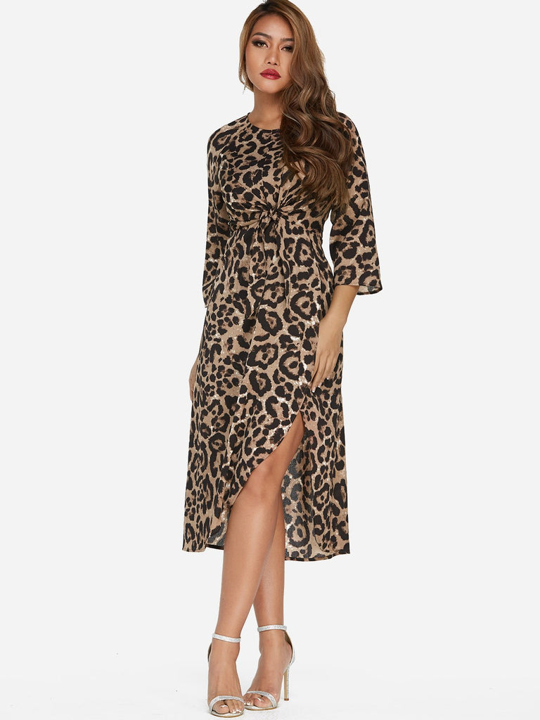 Round Neck 3/4 Sleeve Length Leopard Slit Self-Tie Midi Dress