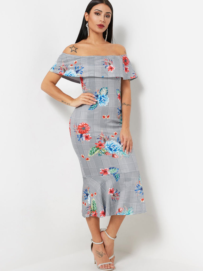 Off The Shoulder Short Sleeve Floral Print Zip Back Flounced Hem Dresses