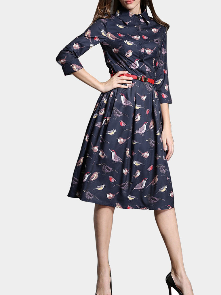 Bird Print Shirt Dresses With Belt