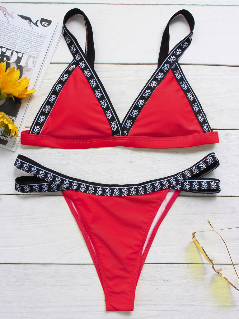 V-Neck Plain Cut Out Sleeveless Red Bikini Set
