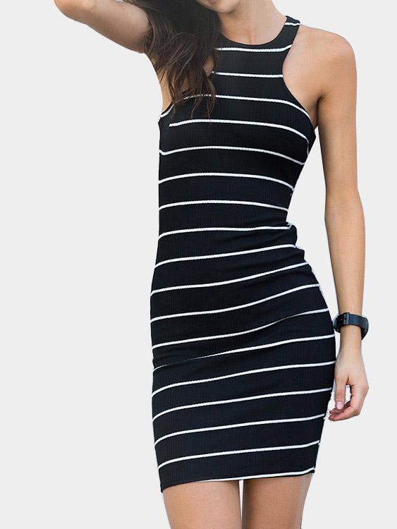 Black Round Neck Sleeveless Stripe Zip Back Midi Dress
