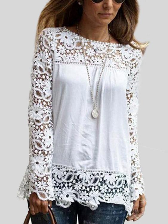 Crew Neck Plain Lace Long Sleeve T-Shirts