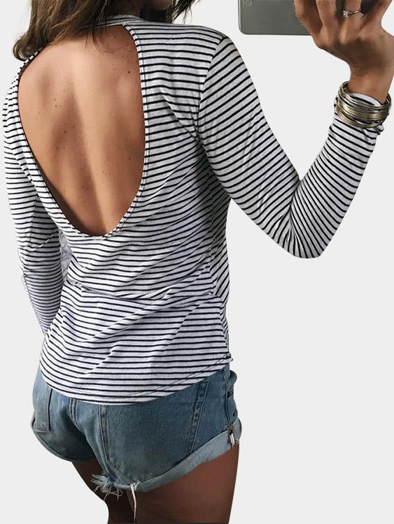 Round Neck Stripe Backless Hollow Cut Out Long Sleeve Curved Hem White T-Shirts