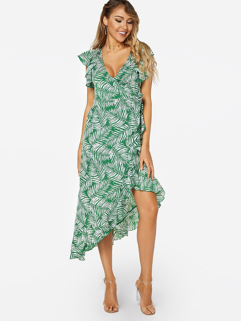Green V-Neck Sleeveless Floral Print Crossed Front Lace-Up Wrap Irregular Hem Dresses