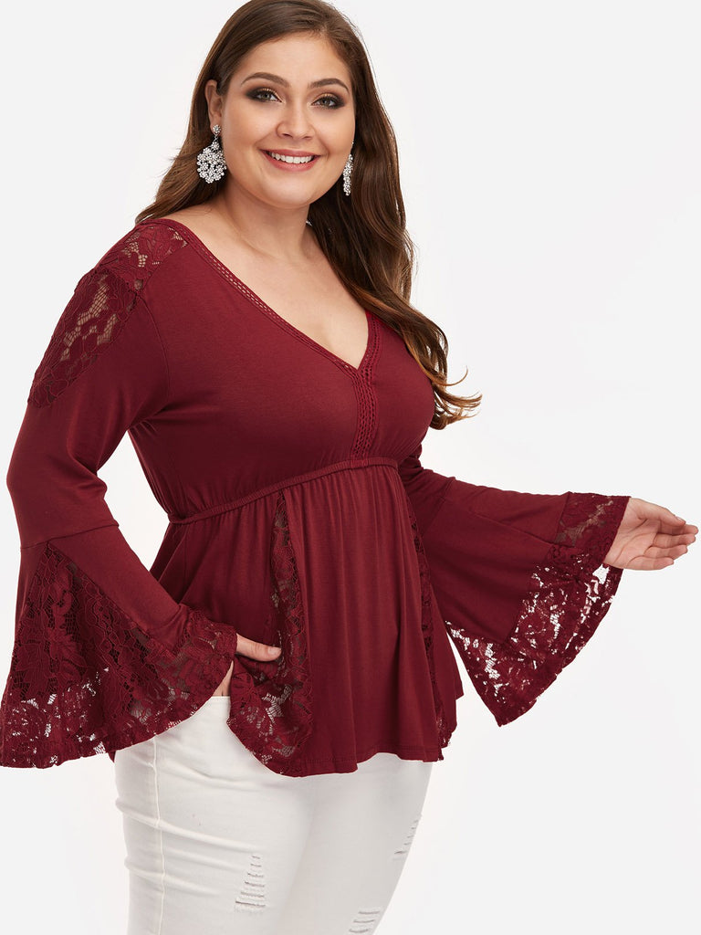 V-Neck Plain Lace Pleated Long Sleeve Flounced Hem Burgundy Plus Size Tops