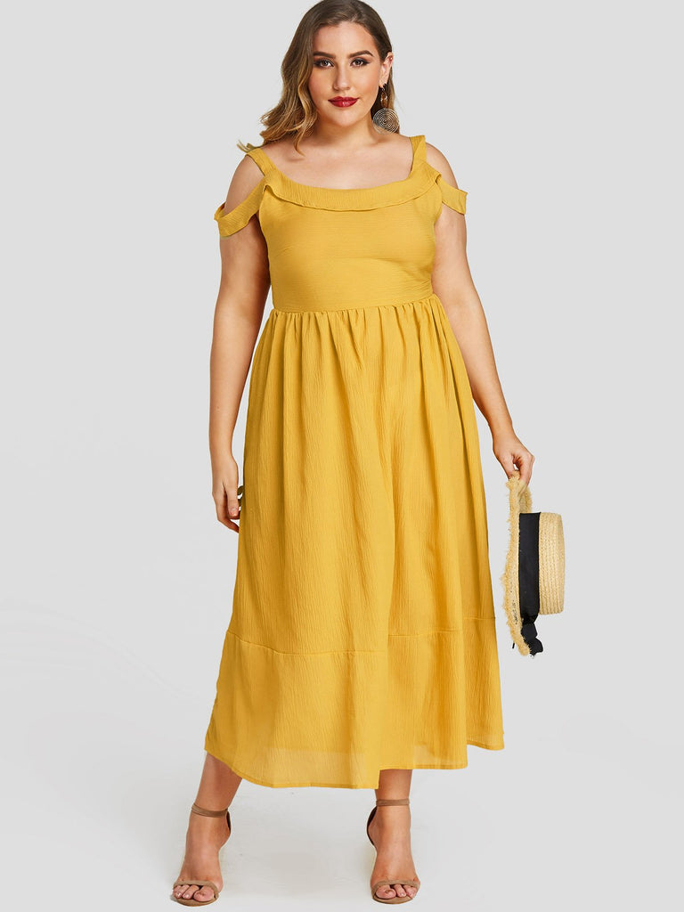 Cold Shoulder Plain Backless Pleated Self-Tie Short Sleeve Stitching Hem Yellow Plus Size Dress