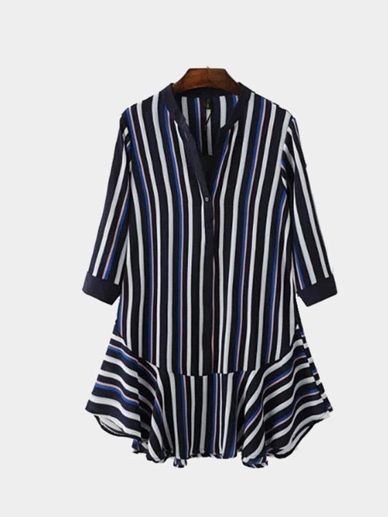 3/4 Sleeve Length Stripe Flounced Hem Mini Dress