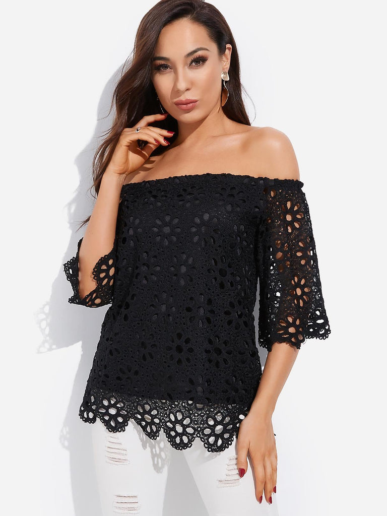 Off The Shoulder Plain Lace 3/4 Sleeve Black Blouses