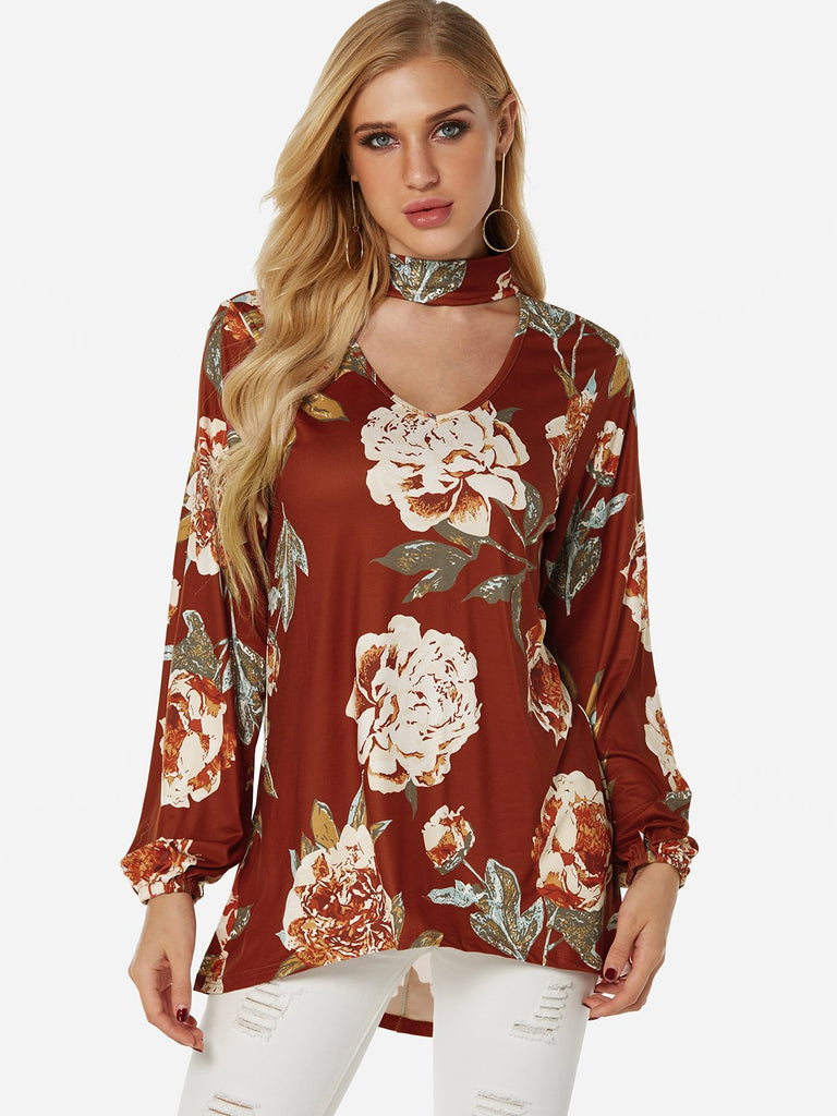 Perkins Collar Floral Print Cut Out Long Sleeve Curved Hem Blouses