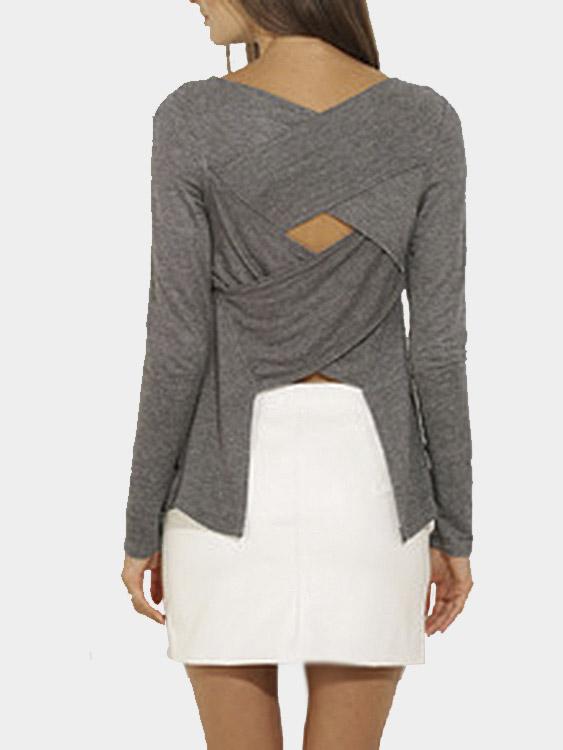 Round Neck Long Sleeve Grey Top