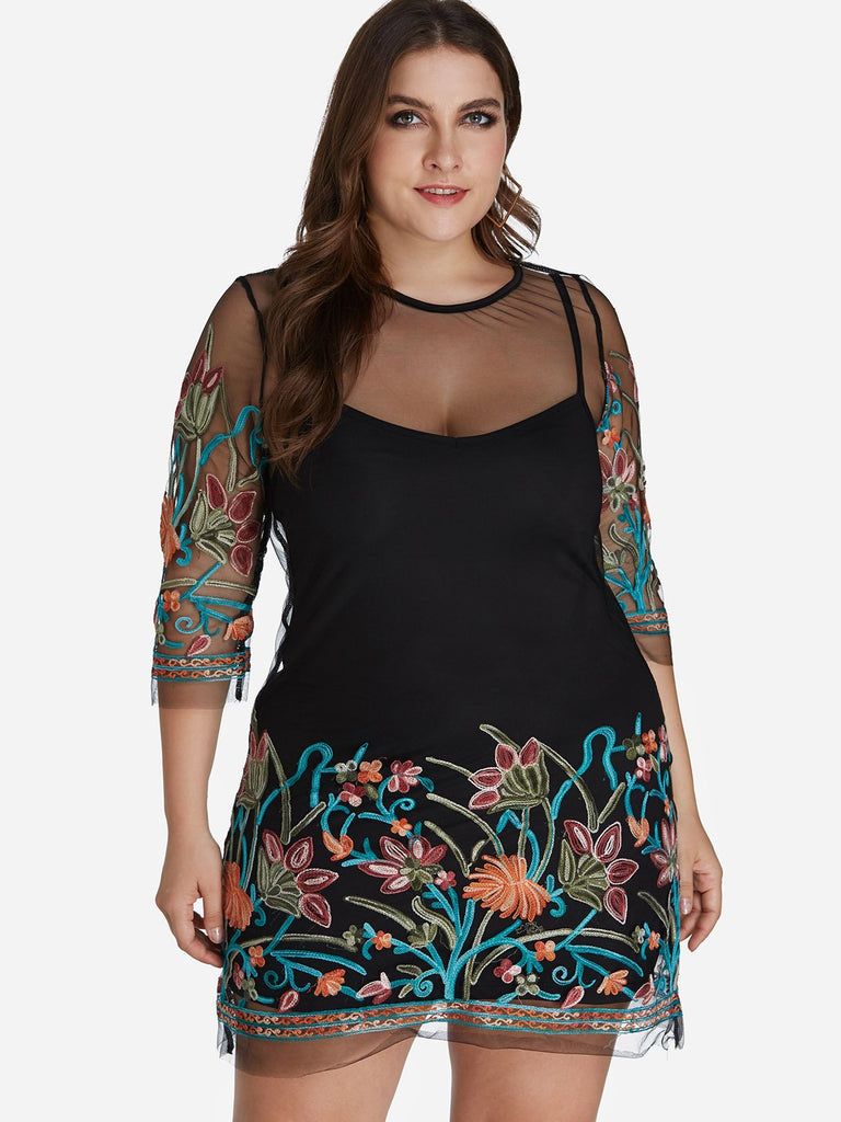 Floral Print Embroidered See Through 3/4 Sleeve Bodycon Black Plus Size Dresses