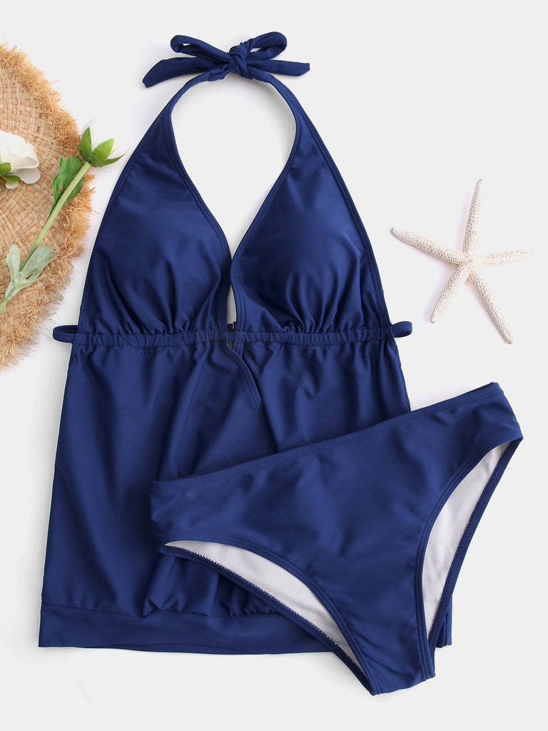 Navy Halter V-Neck Plain Tie-Up Tankinis