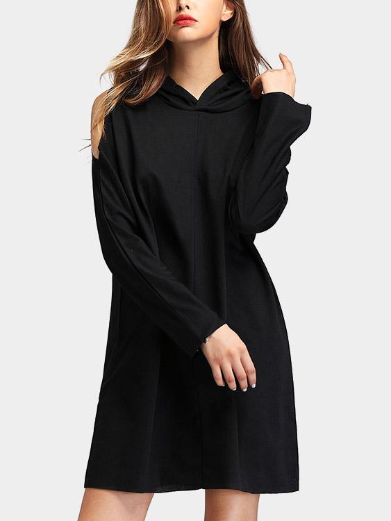 Black Long Sleeve Hooded Cut Out Shirt Dress